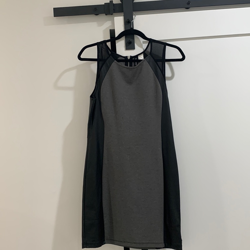 H&M, black faux leather on sides of dress, sheer/mesh shoulder
